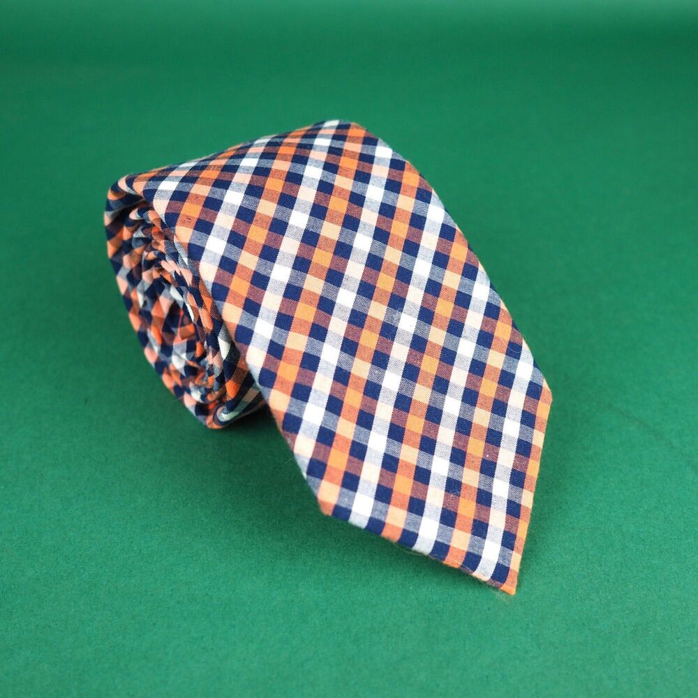 The Tie Bar Gingham Plaid Cotton Necktie Blue Coral Orange White Hand Made